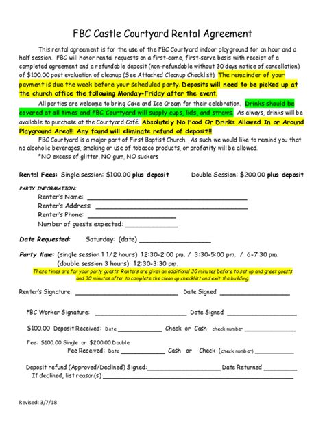 Fillable Online Castle Courtyard Rental Agreement Fax Email Print