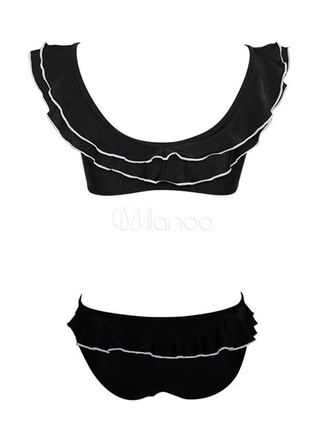 Women Bikini Swimsuit Ruffles Two Tone Plunging Neckline Summer Beach Swimwear Milanoo