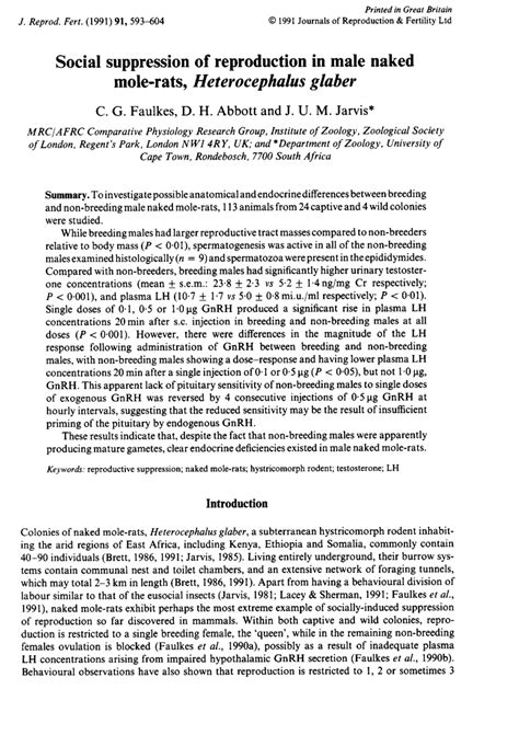 Pdf Social Suppression Of Reproduction In Male Naked Mole Rats Heterocephalus Glaber