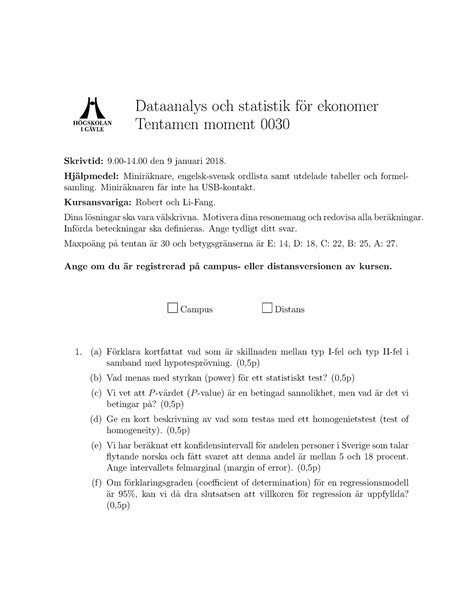 180109 Moment 0030 Gamla Tentor Dataanalys Och Statistik F Or