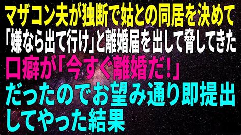 【スカッとする話】マザコン夫が独断で姑との同居を決めて「嫌なら出て行け」と離婚届を出して脅してきた→口癖が「今すぐ離婚だ！」だったのでお望み通り即提出してやった結果 【修羅場】 スカッと