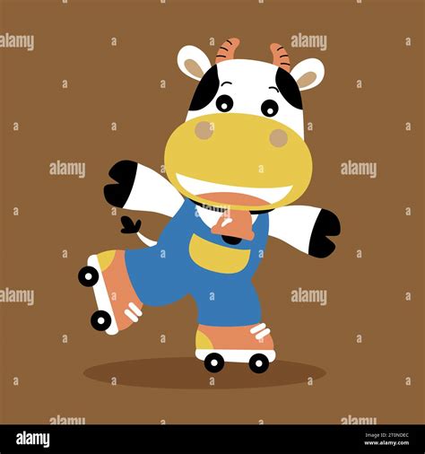 Funny Cow Playing Roller Skate Vector Cartoon Illustration Stock