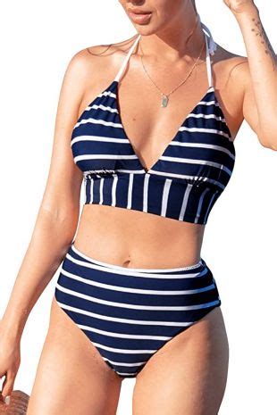 Cupshe Cupshe Women S Stripe Halter Back Lace Up High Waisted Bikini