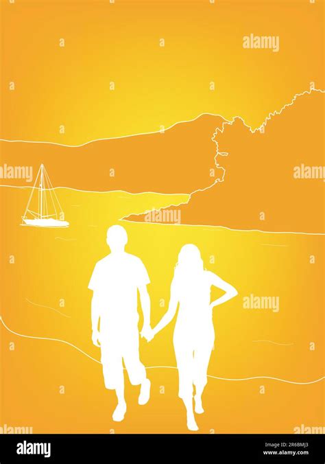 Vector Shillouete Of Young Couple Walking Along The Beach At Sunset Stock Vector Image And Art Alamy