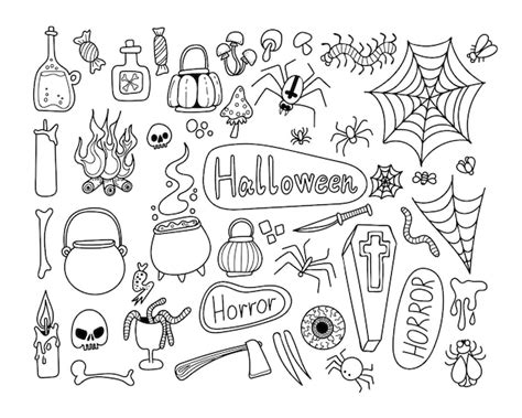 Set Happy Halloween Hand Tekenen Doodle Lijn Enge Elementen Viering