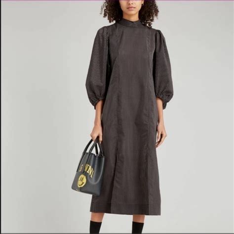 New Ganni Seersucker Check Puff Sleeve Midi Dress Gem