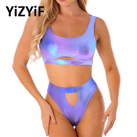 Women Sexy Metallic Shiny Bikini Suit Pcs Pole Dance Rave Outfits Costume Bra Top And Hot