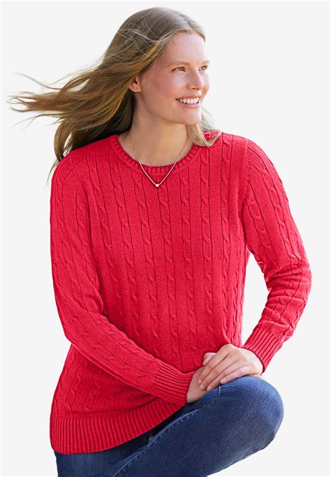 Cable Knit Pullover Crewneck Sweater Woman Within