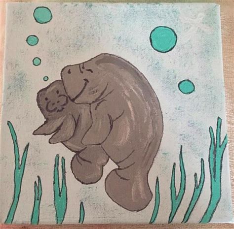 This is a 6 x 6 Canvas of a Manatee and Baby. Hand painted so very ...