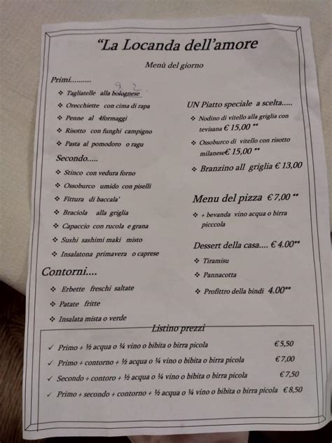 Menu At La Locanda Dell Amore Pizzeria Milan