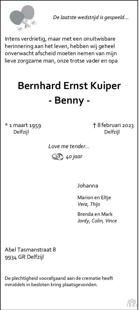 Bernhard Ernst Benny Kuiper Overlijdensbericht En