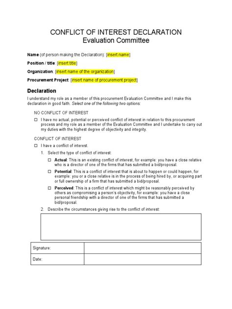 Conflict Of Interest Declaration Template Pdf Conflict Of Interest Procurement