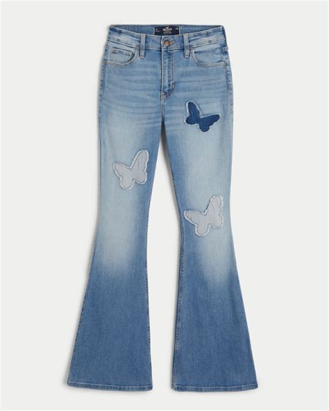 Womens High Rise Medium Wash Butterfly Patch Flare Jeans Womens