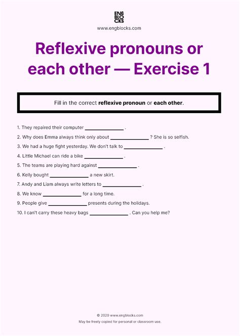 Reflexive Pronouns Or Each Other — Worksheet 1 English Grammar