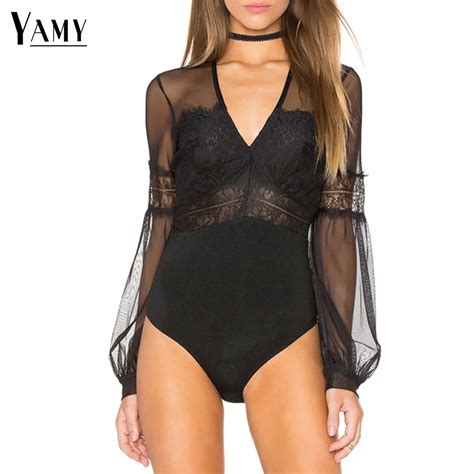 New Sexy Women Lace Bodysuits Fashion Black Mesh Lantern Sleeve Hollow