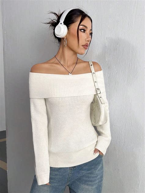 Shein Ezwear Womens Off Shoulder Ribbed Knit Sweater Shein Usa