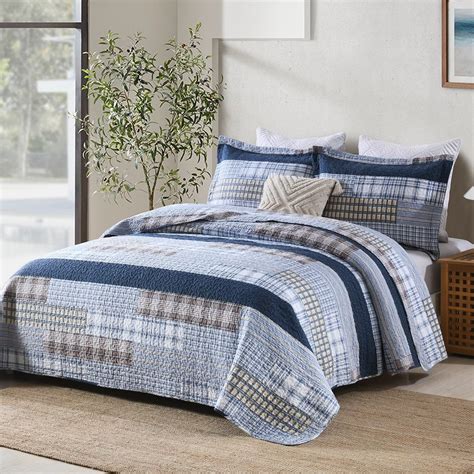 Bedduvit Blue Queen Size Quilt Set 100 Cotton Patchwork Plaid