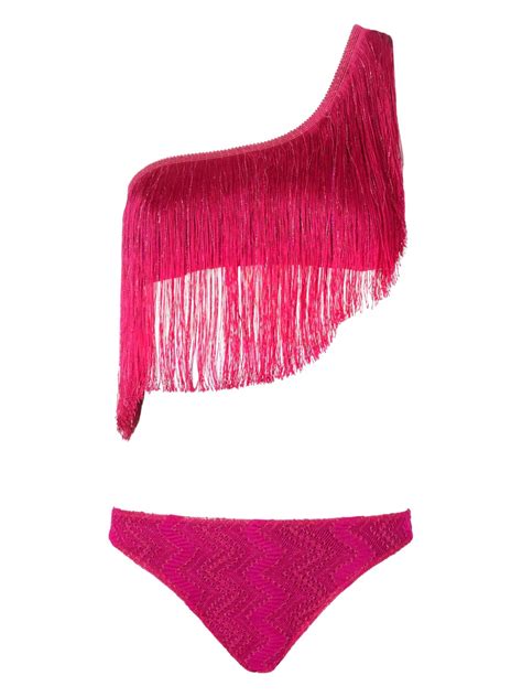 Missoni One Shoulder Bikini Mit Fransen Violett Farfetch De