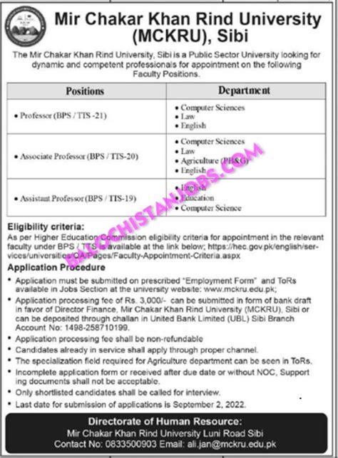 Mir Chakar Khan Rind University MCKRU Jobs 2022 Balochistan Jobs Alert