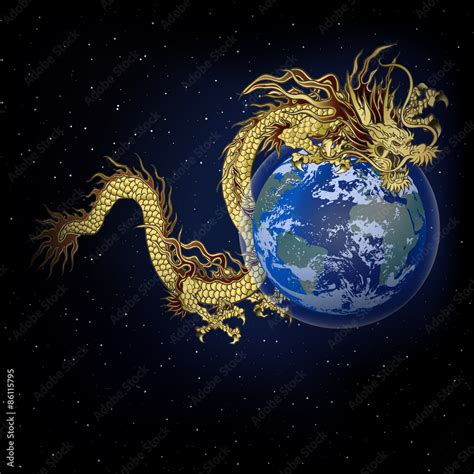 golden Chinese dragon in space with the planet earth Stock Vector ...