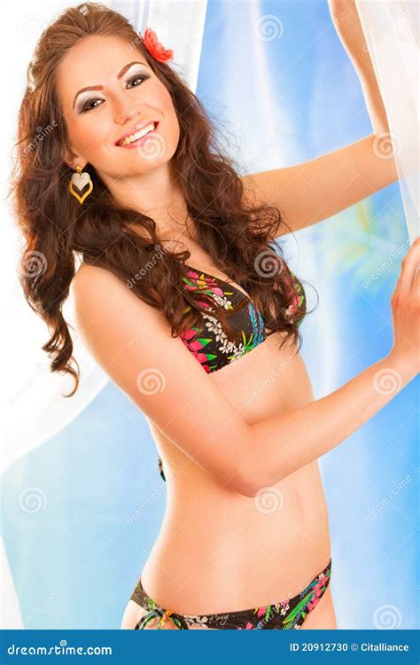 Smiling Girl In Bikini Posing On Beach Stock Photo Image Of Charming