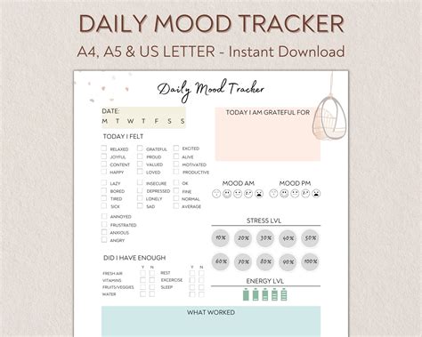 Daily Mood Tracker Printable Mood Track Emotion Tracker Mood Journal