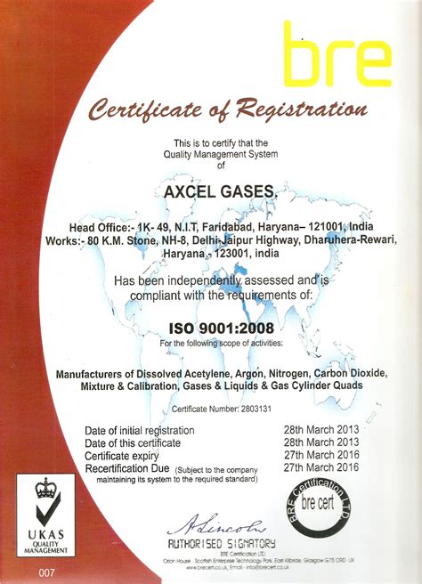 Iso 9001 2008 Certificate Industrial Gases And Cylinders Manufacturer