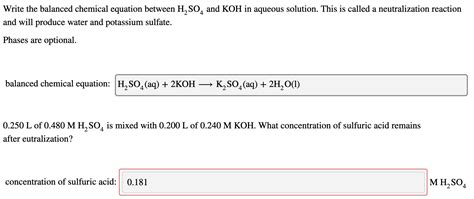 Solved Write the balanced chemical equation between H2SO4 | Chegg.com