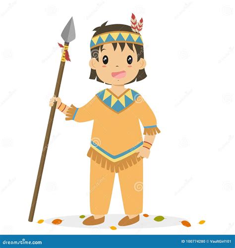 Native American Boy Holding A Hunting Spear Cartoon Vector Stock Vector