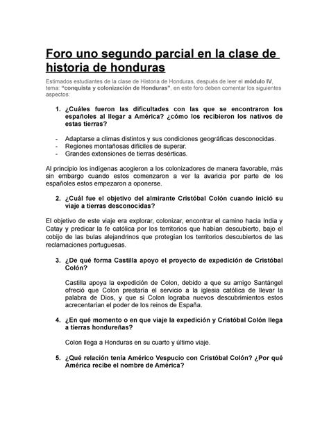 Foro 1 Historia De Honduras Foro Uno Segundo Parcial En La Clase De