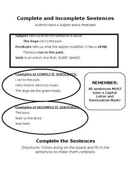 Complete Vs Incomplete Sentences By Missbronsburg Tpt