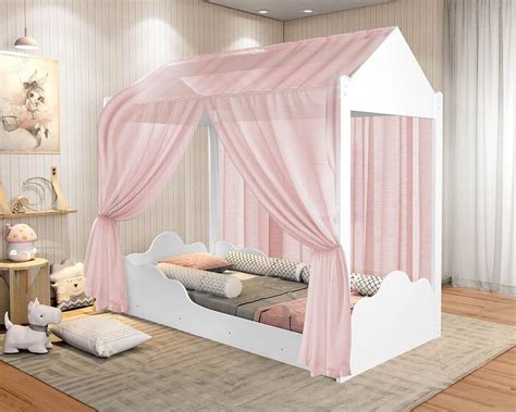 Cama Montessoriana Solteiro Infantil Duda Dossel Rosa e Colchão