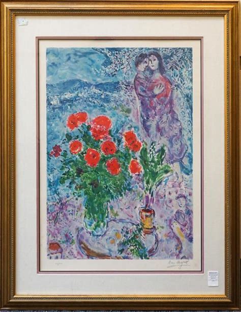 Lot After Marc Chagall Lovers And Bouquet Color Lithograph Frame