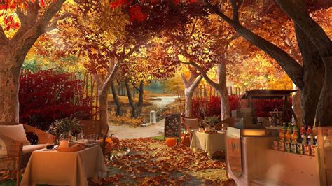 Cozy Morning Ambience At Peaceful Autumn Garden Coffee Shop Elegant