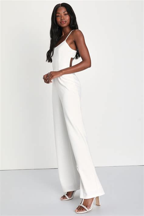 White Sleeveless Jumpsuit Cutout Jumpsuit Wide Leg Jumpsuit Lulus