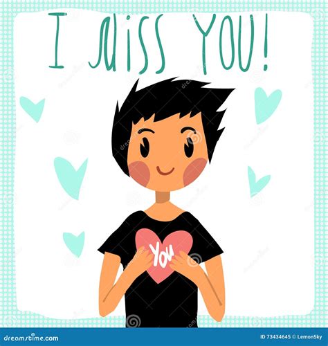 Vector Cartoon I Miss You Flat Greeting Card Stock Vector