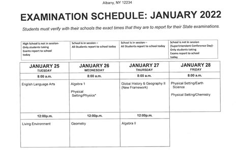 January 2022 Regents Exam Schedule Averill Park Central School District