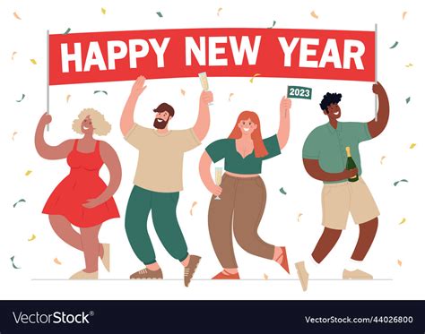 Happy New Year Horizontal Poster With Different Vector Image