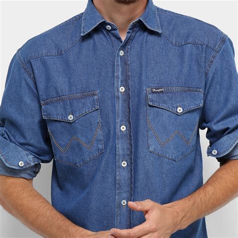 Camisa Jeans Wrangler Manga Longa Detalhe Bolso Masculina Azul Netshoes