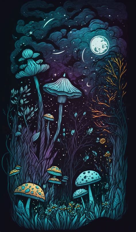 Bohemian Mushroom Artwork Using Shades Of Teal Purple And Yellow Ai