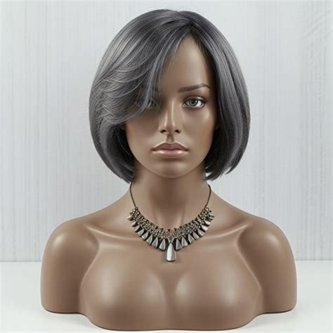 Salt And Pepper Human Hair Straight Bob Wig With Bangs For Women