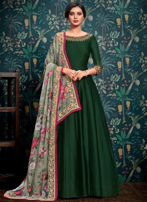 Buy Dark Green Embroidered Abaya Style Anarkali Suit Online Sku Code