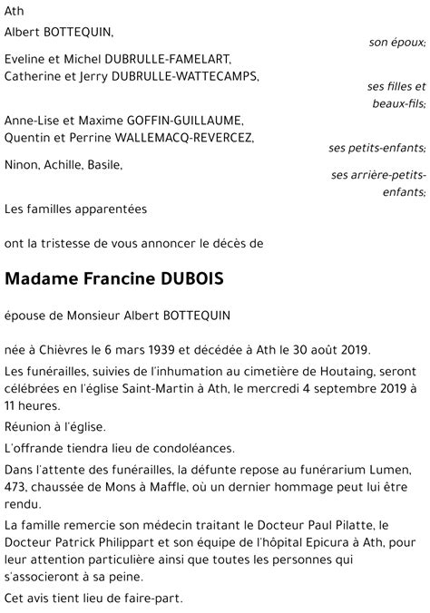 Avis de décès de Francine DUBOIS décédé le 30 08 2019 à Ath annonce