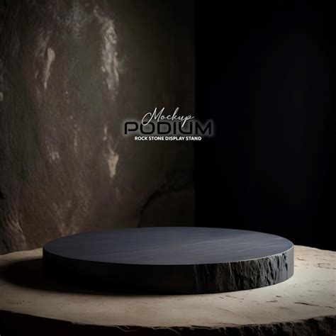 Premium Psd Realistic D Black Round Stone Podium Mockup On Cement