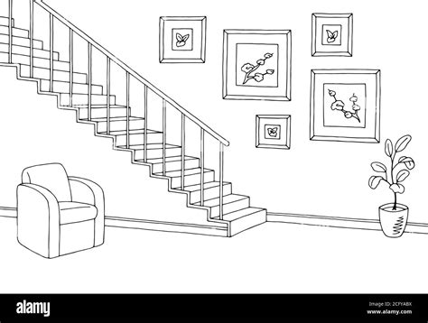 Hallway Graphic Stairs Black White Interior Sketch Illustration Vector