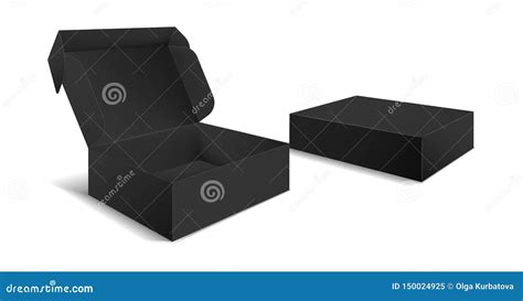 Black Box Packaging Side View Open And Closed Gift Blank Boxes Stock