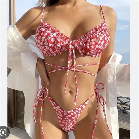 Red Floral First Bikini Set Size Medium Shein Depop