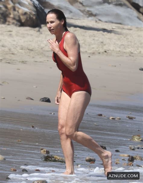 Minnie Driver Sexy Wears A Red One Piece For Dip In The Ocean On Hot Day In Malibu AZNude