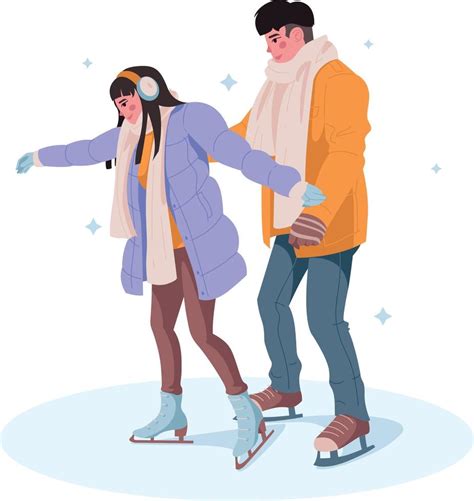 couple skating on an ice skating rink in the park. Vector illustration ...