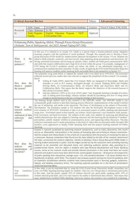 Cjr P Critical Journal Review 1 Critical Journal Review Subject